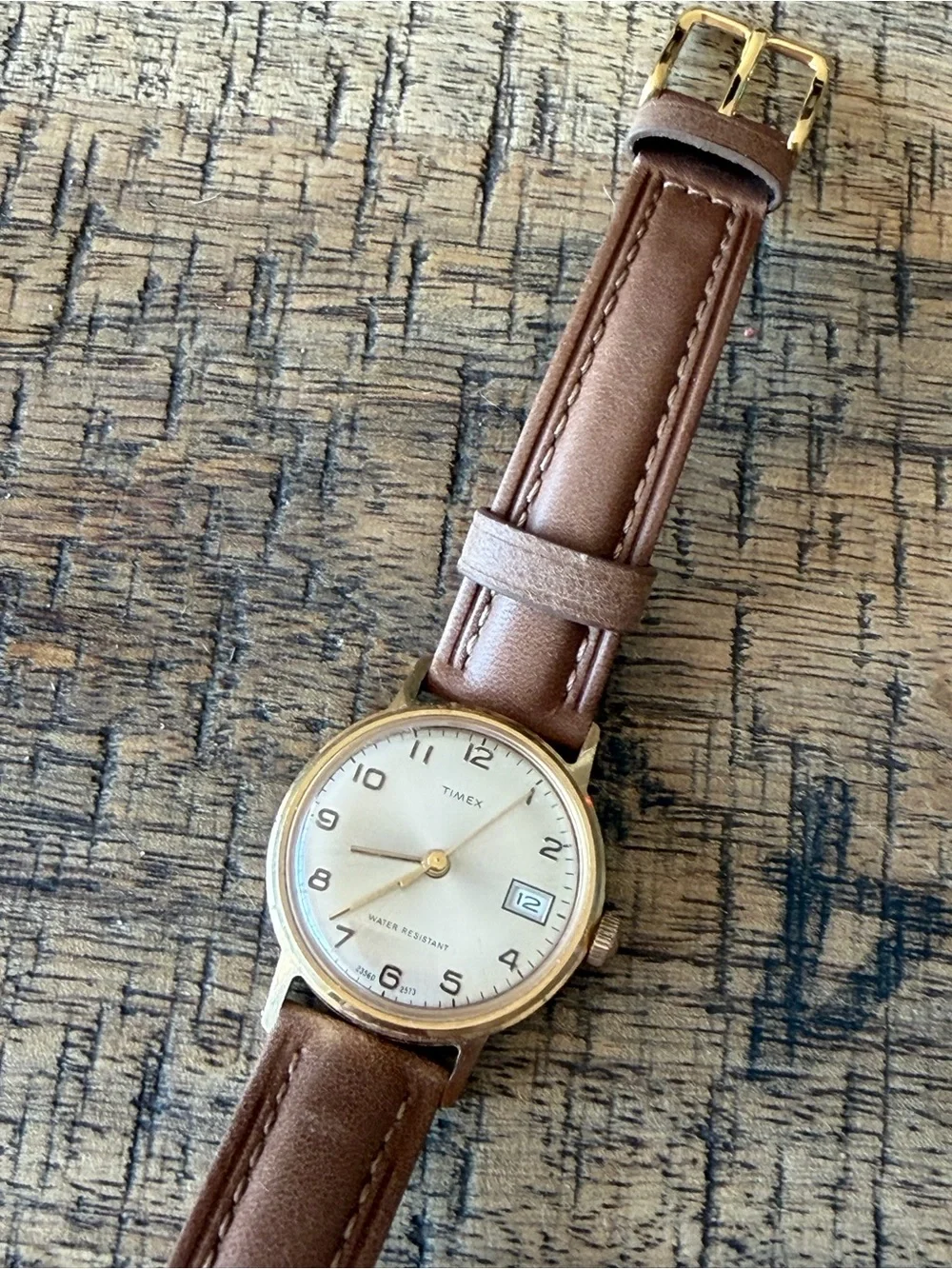 Vintage 1973 Timex Manual Wind Watch w/ Date | Gold Tone + New Leather Band